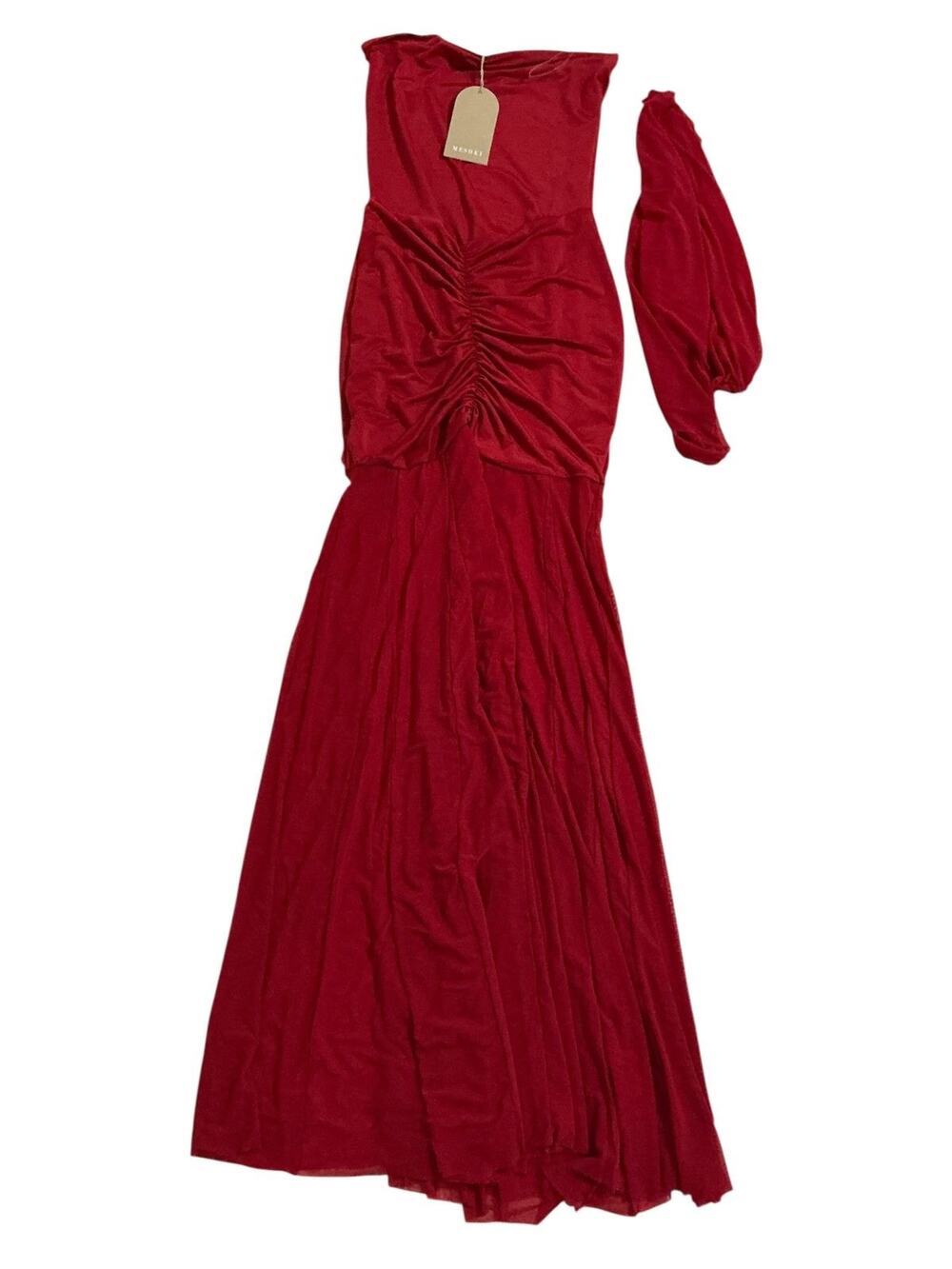 MESHKI Caspian Slinky Mesh Off Shoulder Maxi Dress Ruby Red Size M NWT Ruched